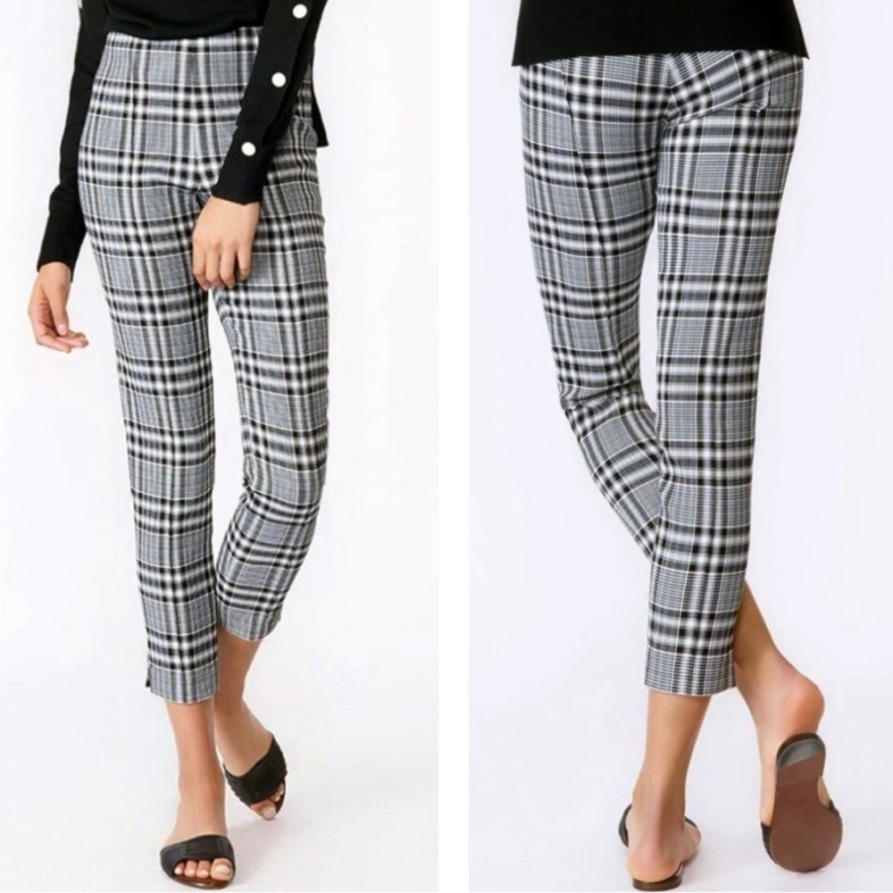 Veronica Beard Honolulu Pants In Black Ecru Plaid Rear Zipper Skinny Crop SZ 4